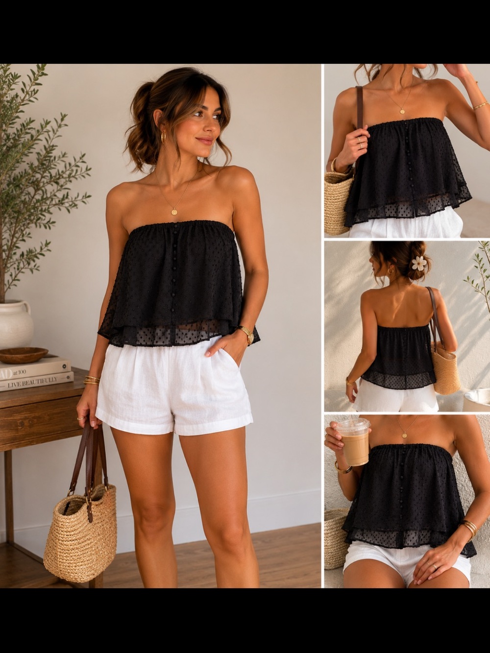 Black Strapless Swiss Dot Ruffled Summer Top